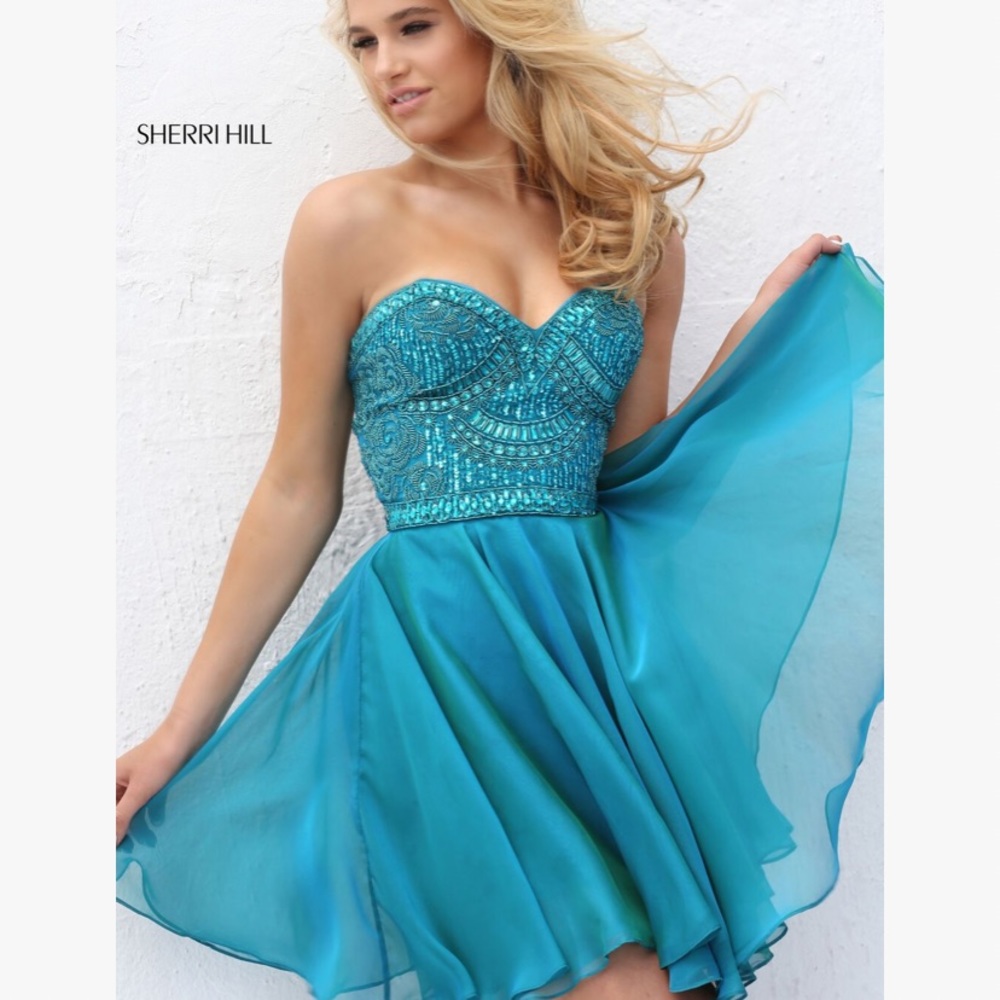 Sherri hill homecoming cocktail formal dress in the colors ruby and jade